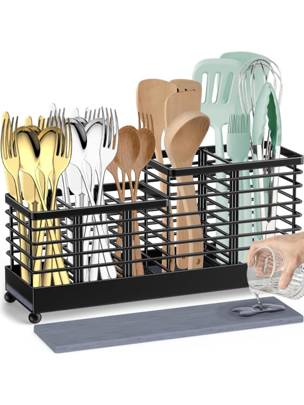 New Large Metal Utensil Holder with Diatomite Stone 3 Dividers 5 Compartments